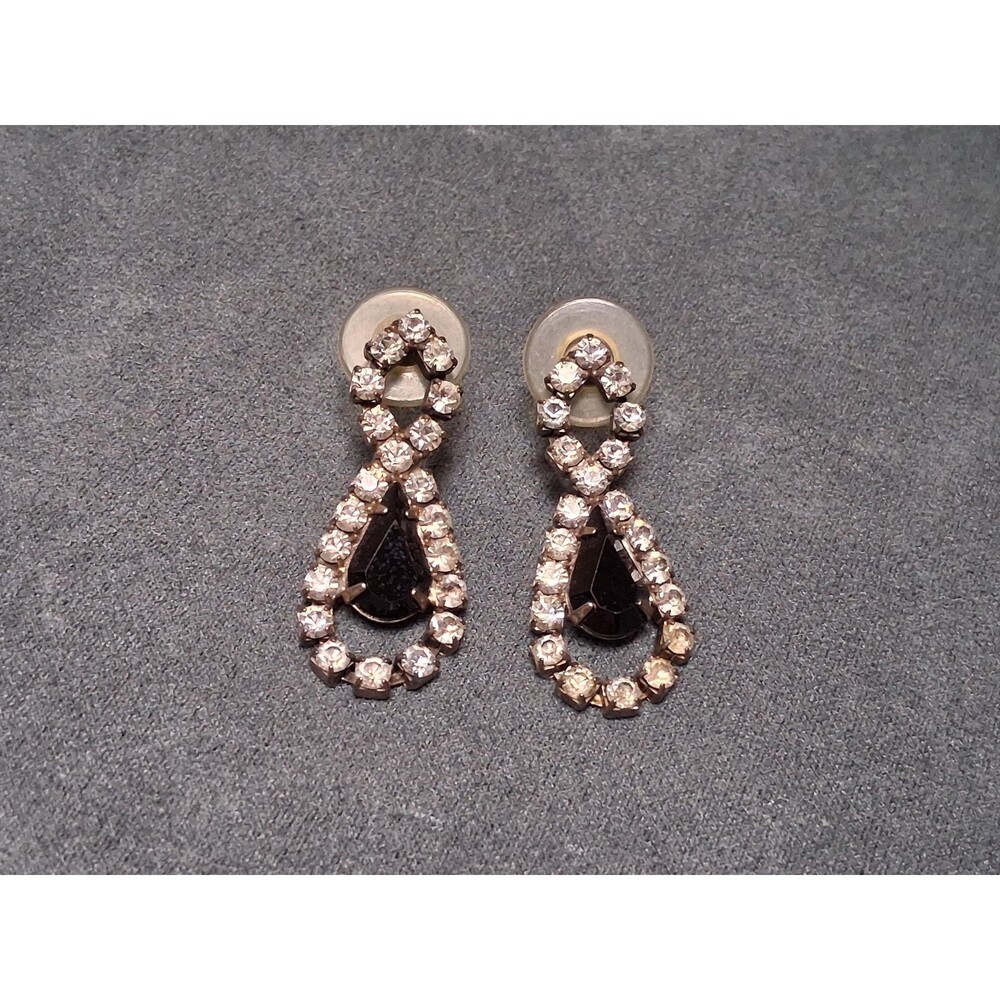 Vintage Black Rhinestone Earrings Teardrop Loops